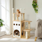 Modern Wooden Cat Tree with Capsule Nest and 2-Floor Condo