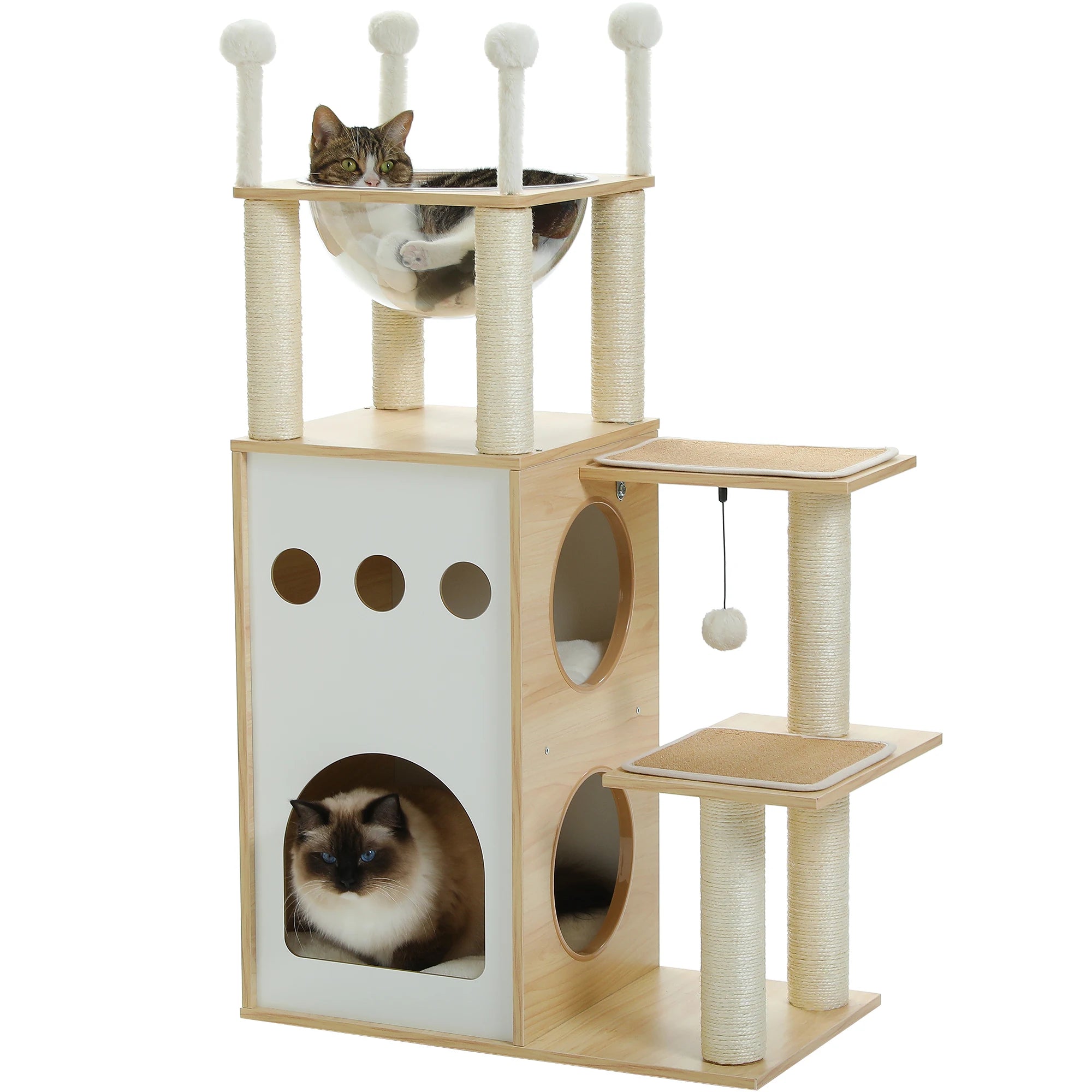 Modern Wooden Cat Tree with Capsule Nest and 2-Floor Condo