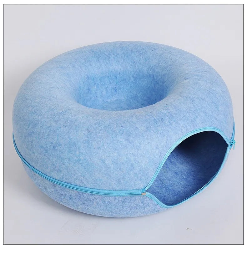Donut Cat Bed with Interactive Tunnel - Felt Play and Sleep Hideaway