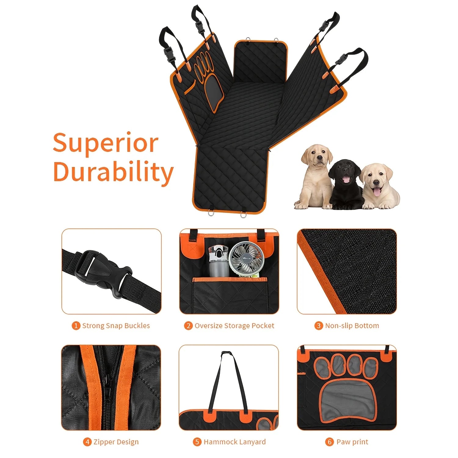 Heavy Duty Waterproof Dog Car Seat Cover - Hammock Style with Side Flaps