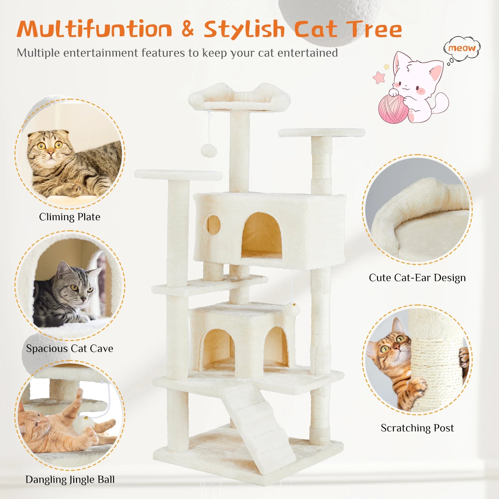 54" Multi-Level Cat Tree Tower with Sisal Scratching Posts