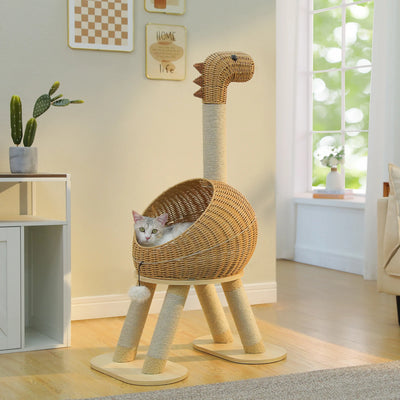 Dinosaur Cat Tree Tower - Rattan Wicker Condo with Sisal Posts