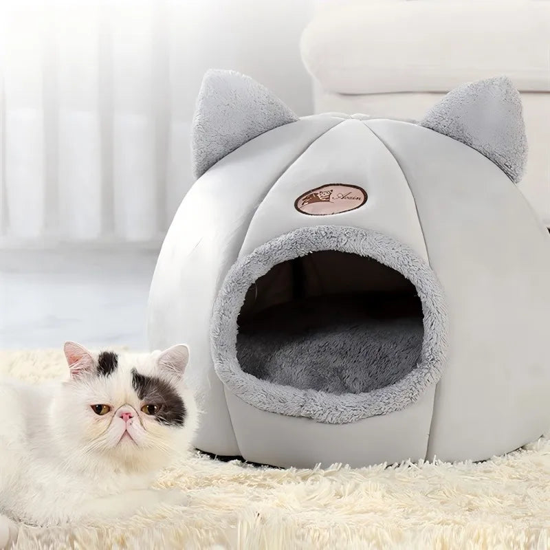 Cat Ears Hooded Pet Bed - Warm Plush Cave for Small to Large Cats