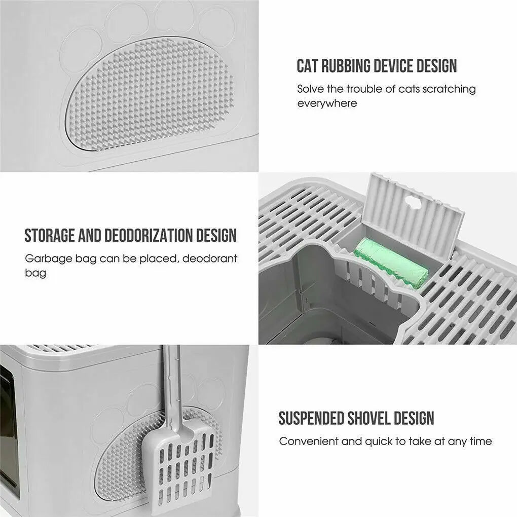 Foldable Cat Litter Box with Front Entry and Top Exit - Includes Massager and Scoop