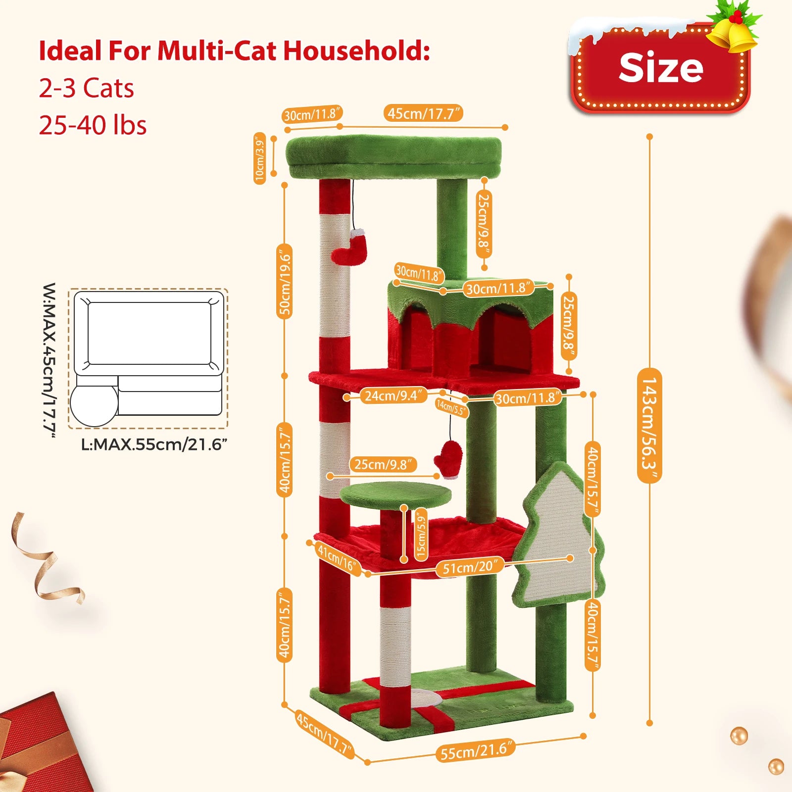 72 inch Christmas Cat Tree Tower - Large Multi-Level Condo with Sisal Posts