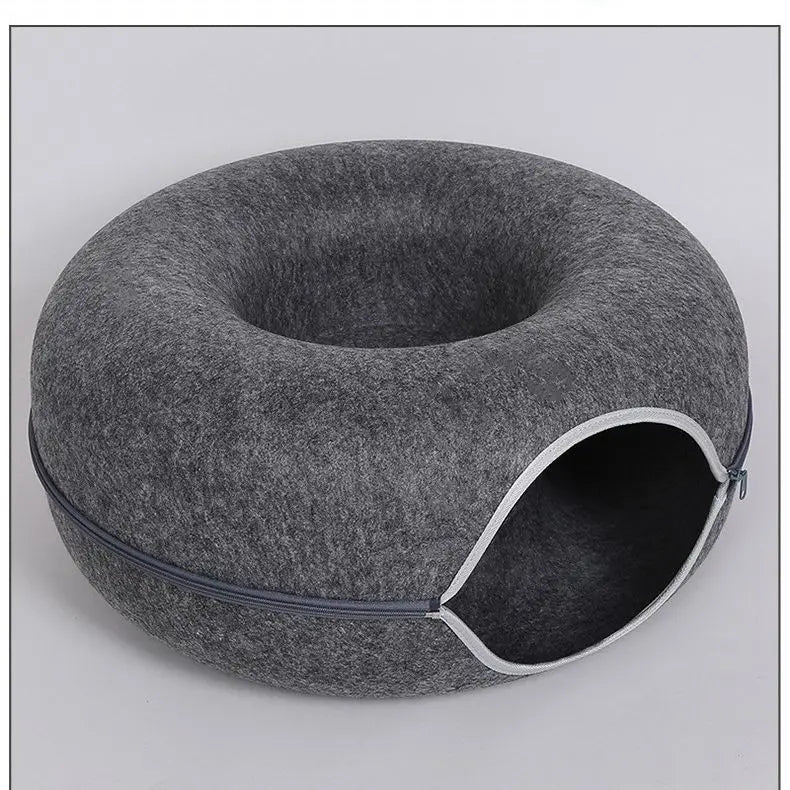 Donut Cat Bed with Interactive Tunnel - Felt Play and Sleep Hideaway