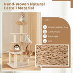 59 inch Natural Cattail Cat Tree Tower with Sisal Posts and Multi-Level Perches