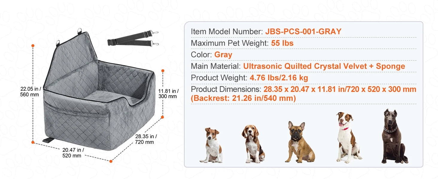 Dog Car Booster Seat - Sofa-Style Travel Bed for Medium to Large Dogs up to 55 lbs