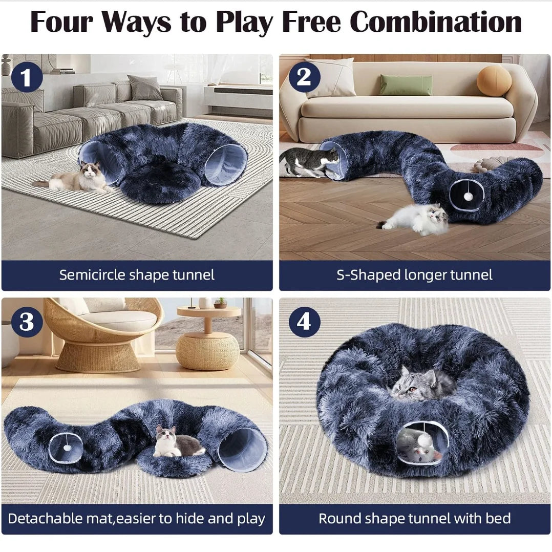 Plush Cat Tunnel Bed - 2-in-1 Play and Sleep Design