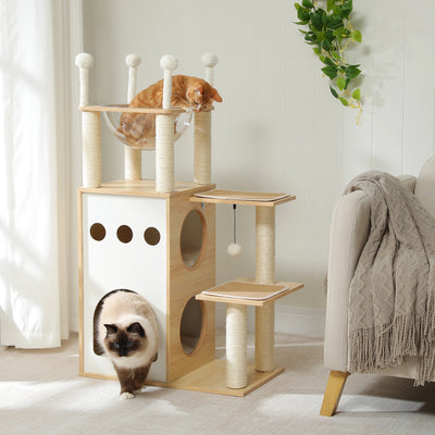 Modern Wooden Cat Tree with Capsule Nest and 2-Floor Condo