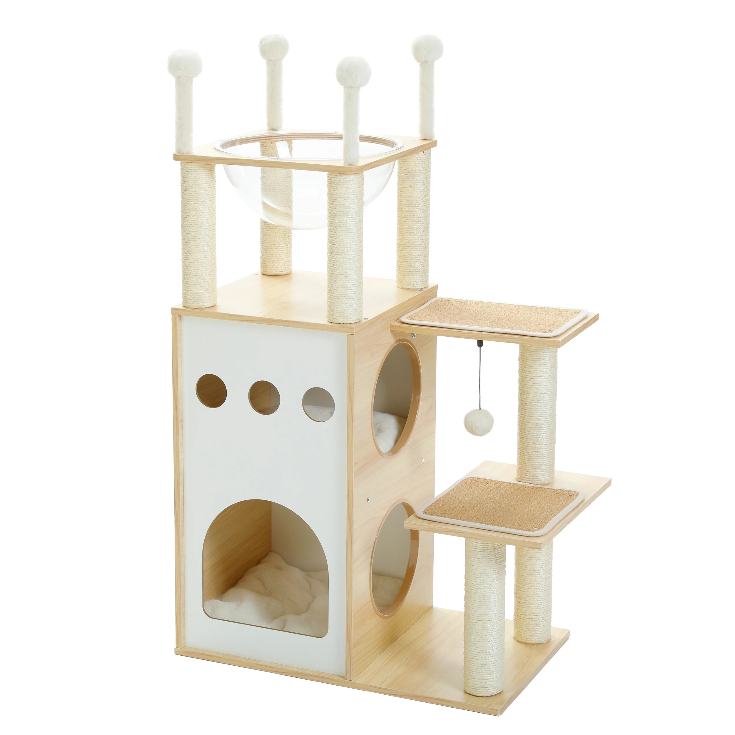 Modern Wooden Cat Tree with Capsule Nest and 2-Floor Condo