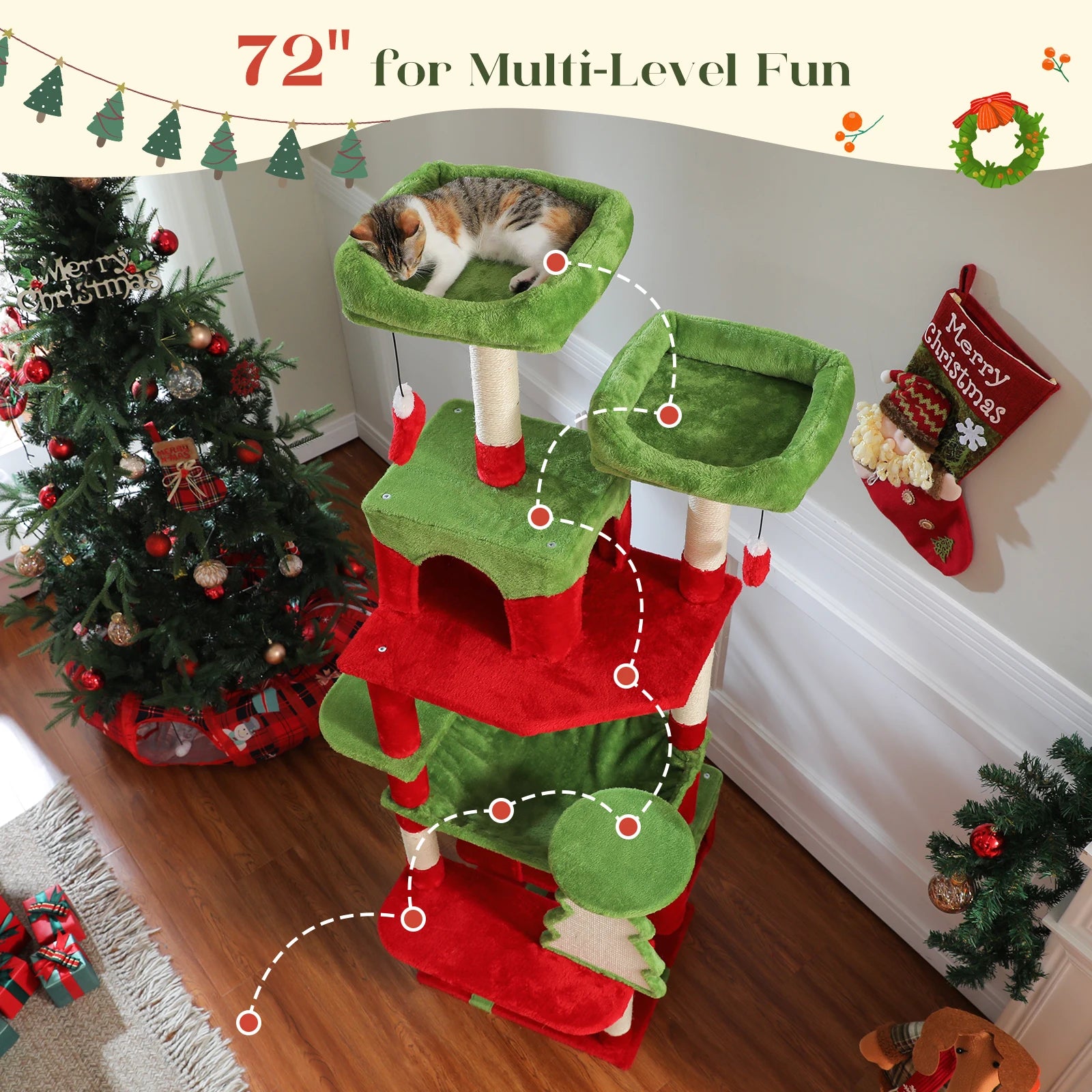 72 inch Christmas Cat Tree Tower - Large Multi-Level Condo with Sisal Posts