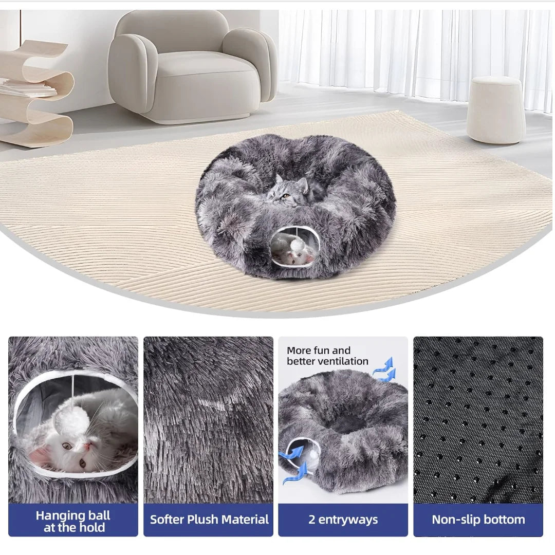 Plush Cat Tunnel Bed - 2-in-1 Play and Sleep Design