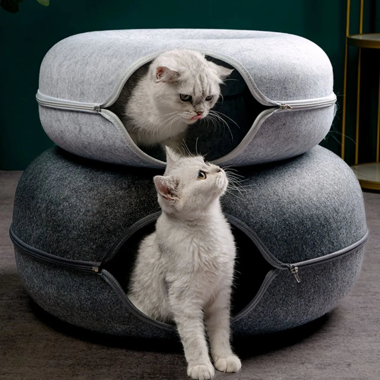 Donut Cat Bed with Interactive Tunnel - Felt Play and Sleep Hideaway